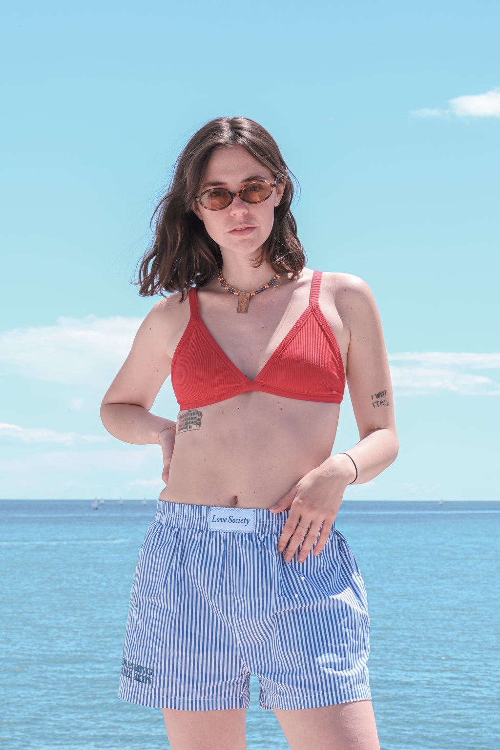 Blue striped shorts + Necklace