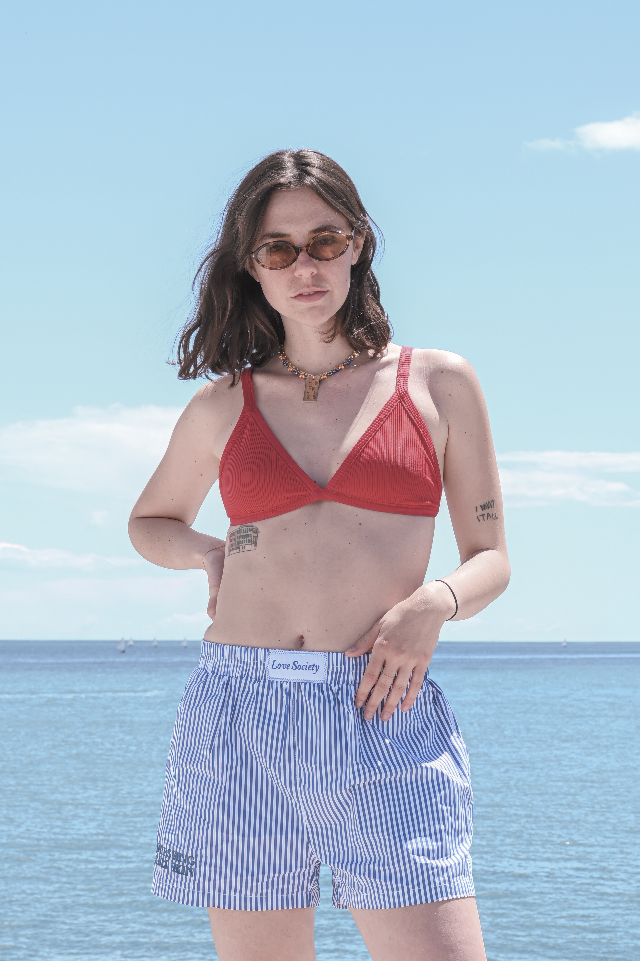 Blue striped shorts + Necklace