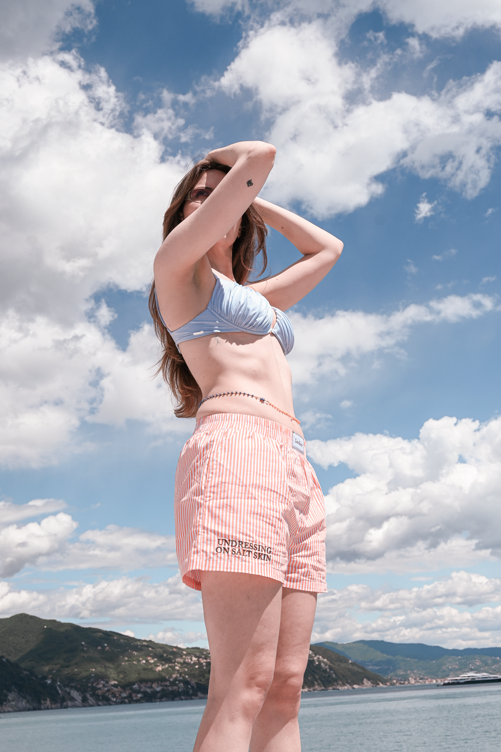 Orange striped shorts + Necklace